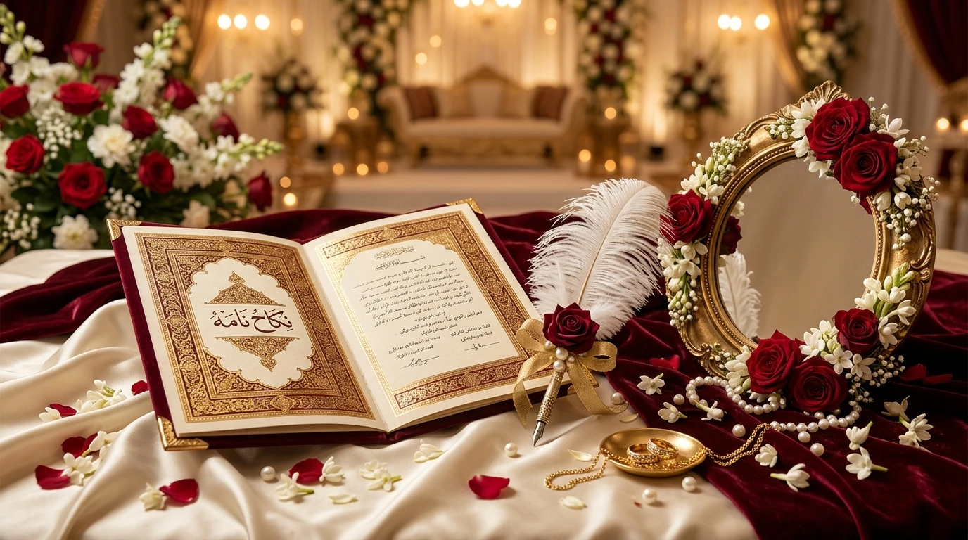 Luxury Velvet Nikah Nama Book with Feather Pen and Gold Accents